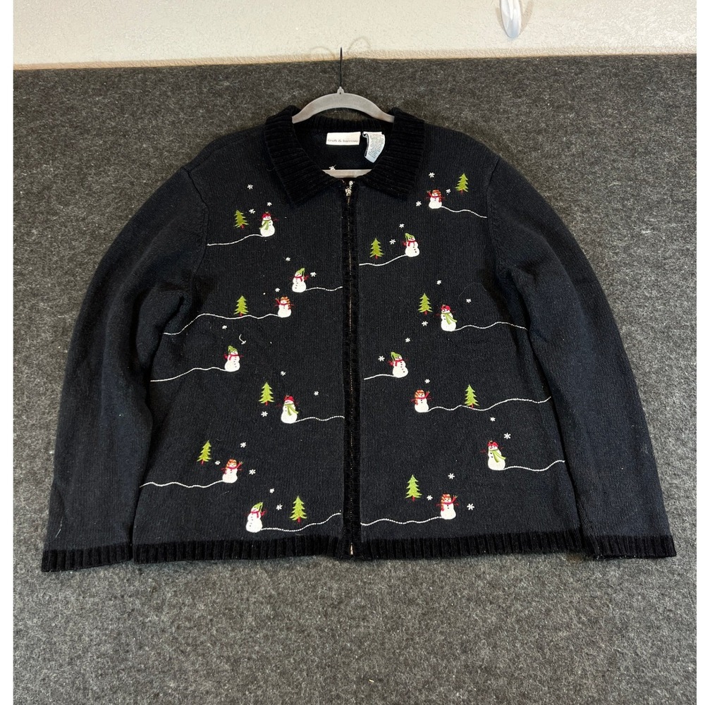 Vintage Snowman Christmas Zip Cardigan Sweater Black Festive Womens Large